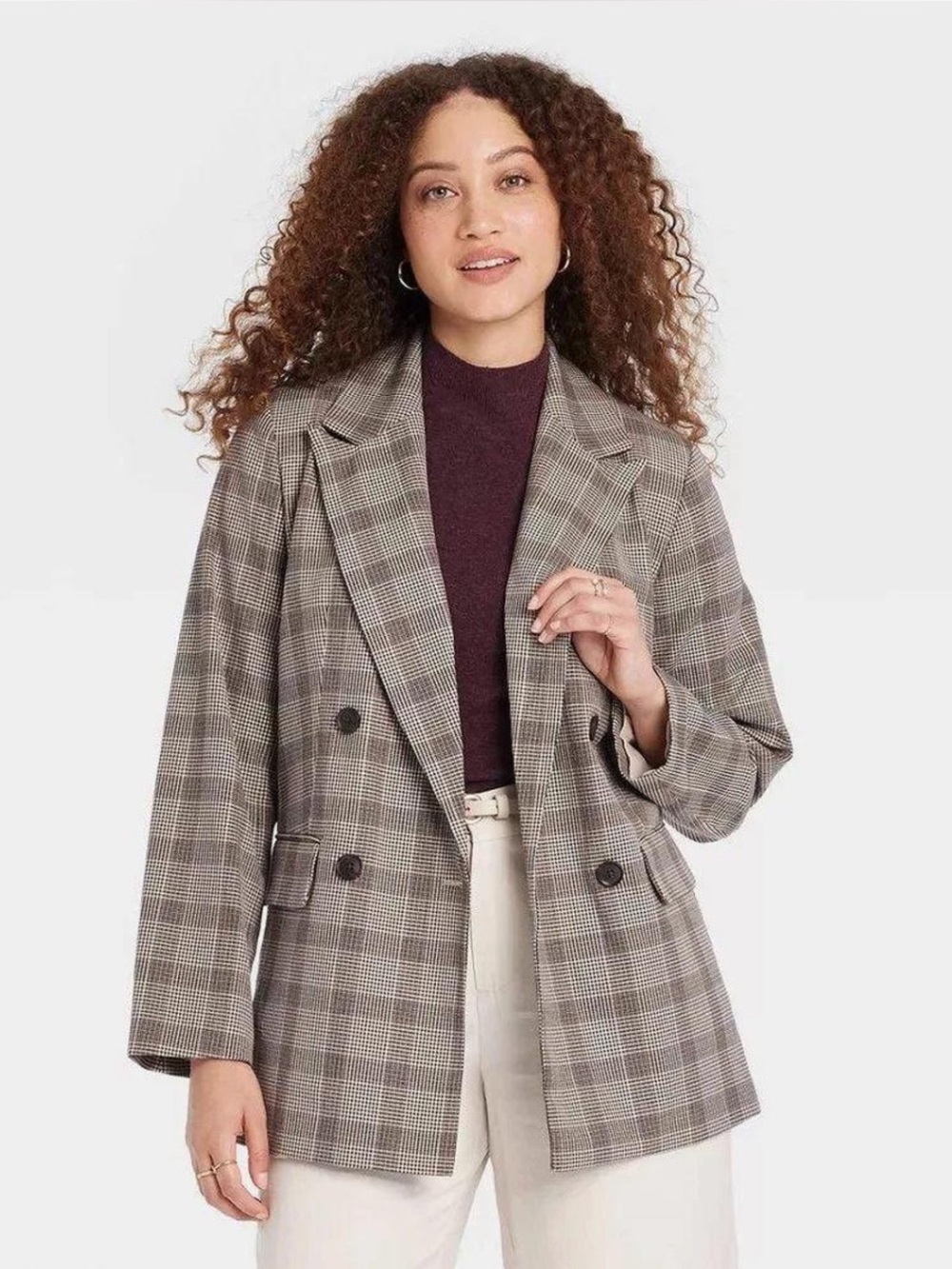a new day Checked Double-Breasted Blazer Jacket in Taupe